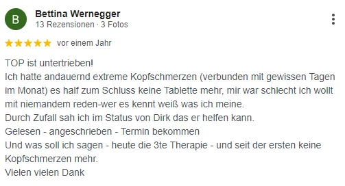 Google-Rezension von Bettina für den Kopfschmerzphysio (5 Sterne)