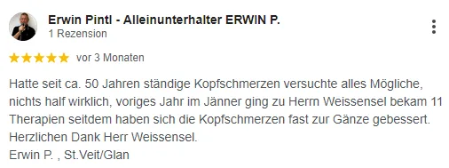 Google-Rezension von Erwin für den Kopfschmerzphysio (5 Sterne)